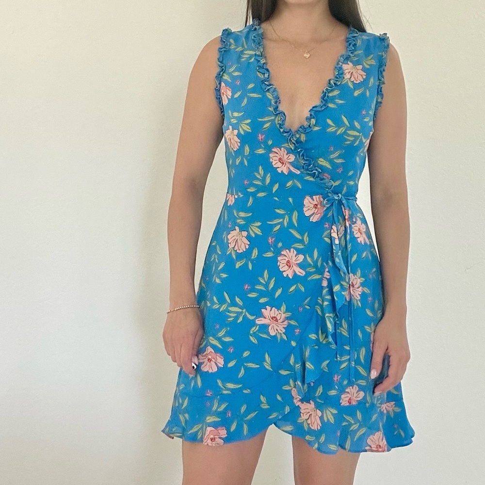 Lulus Wrap Mini Dress Blue Floral XS
